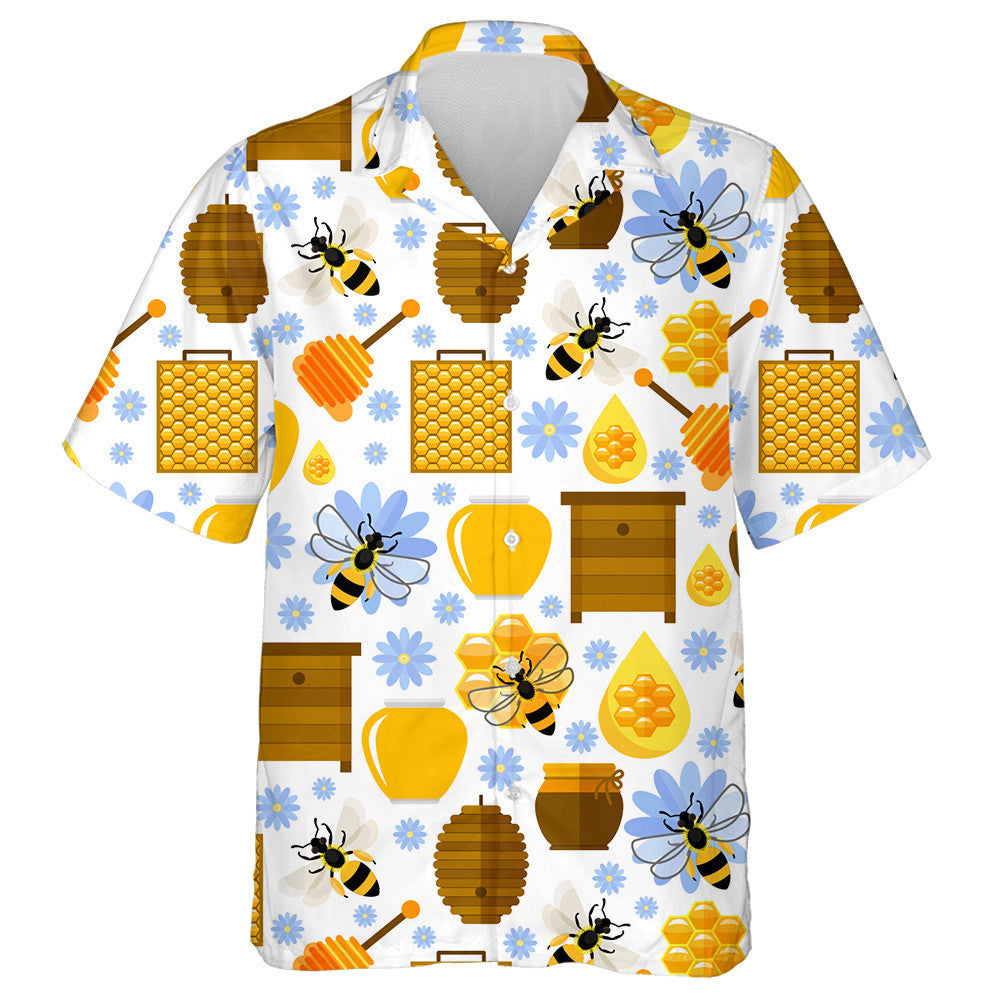 Natural Summer Blue Flowers Bees And Honey Hawaiian Shirt, Hawaiian Shirt Gift, Christmas Gift