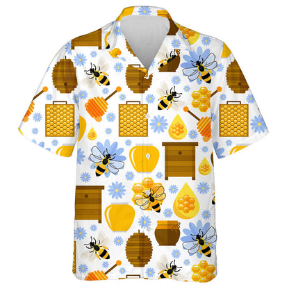 Natural Summer Blue Flowers Bees And Honey Hawaiian Shirt, Hawaiian Shirt Gift, Christmas Gift