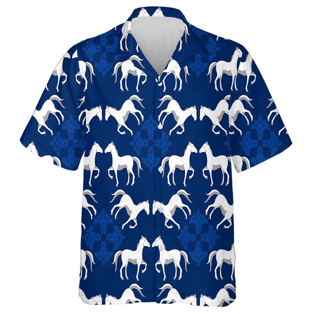 Classic Blue Trend Color Horse And Damask Hawaiian Shirt, Hawaiian Shirt Gift, Christmas Gift