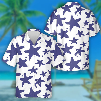 Grunge Blue And White Stars Brush Drawing Hawaiian Shirt, Hawaiian Shirt Gift, Christmas Gift