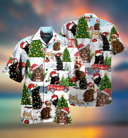 Christmas Cat Red Truck Design Hawaiian Shirt, Hawaiian For Gift