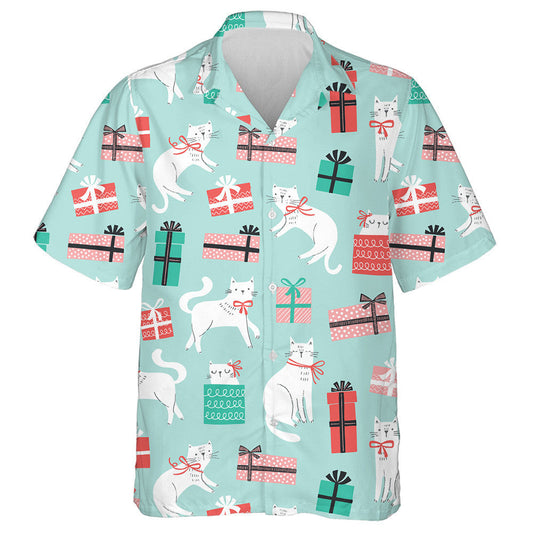 Sweet Cats With Bows And Gift Boxes Hawaiian Shirt, Hawaiian Shirt Gift, Christmas Gift