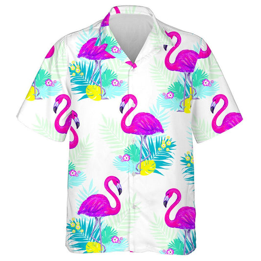 Flamingo With Tropical Leaves On WHite Background Hawaiian Shirt, Hawaiian Shirt Gift, Christmas Gift