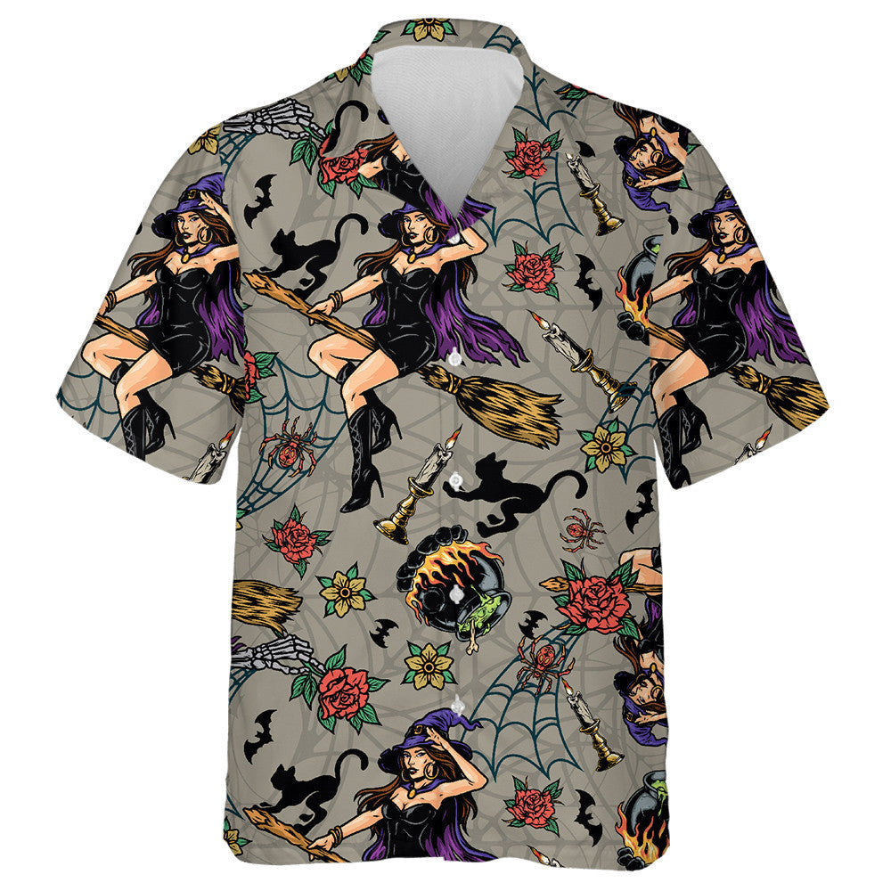 Oíche Shamhna Le Cailleach Álainn Eitilte Agus Cat Dubh Léine Haváís, Bronntanas Léine Haváíais, Bronntanas Nollag