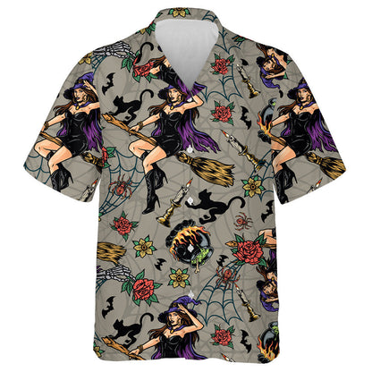 Oíche Shamhna Le Cailleach Álainn Eitilte Agus Cat Dubh Léine Haváís, Bronntanas Léine Haváíais, Bronntanas Nollag