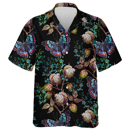 Hand Drawn Cotton Flowers And Colorful Butterflies Hawaiian Shirt, Hawaiian Shirt Gift, Christmas Gift