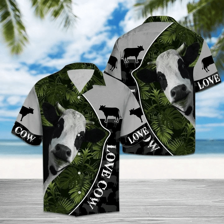 Love Cow Green Leave Pattern Hawaiian Shirt, Hawaiian For Gift