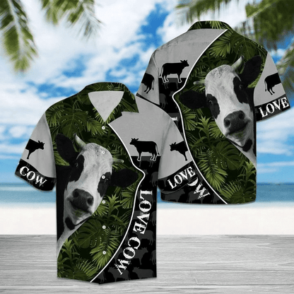 Love Cow Green Leave Pattern Hawaiian Shirt, Hawaiian For Gift