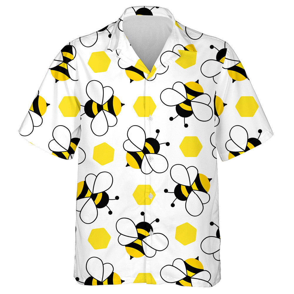 Natural Cartoon Black Yellow Bees And Hexagon Hawaiian Shirt, Hawaiian Shirt Gift, Christmas Gift
