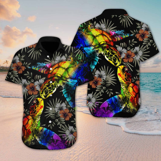 Colorful Turtle Lgbt Flower Design Hawaiian Shirt,Hawaiian Shirt Gift, Christmas Gift