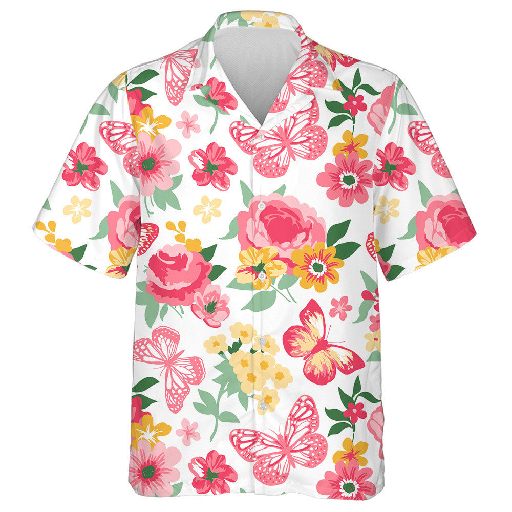 Coral And Yellow Butterflies With Roses And Peonies Hawaiian Shirt, Hawaiian Shirt Gift, Christmas Gift