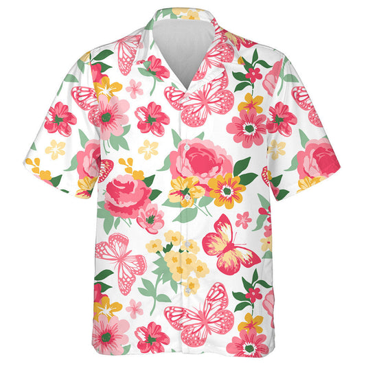 Coral And Yellow Butterflies With Roses And Peonies Hawaiian Shirt, Hawaiian Shirt Gift, Christmas Gift