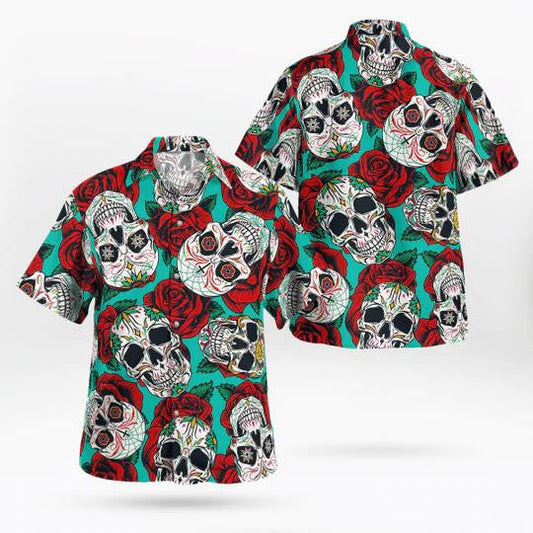 Horror Roses Skull On Mint Background Hawaiian Shirt, Hawaiian For Gift