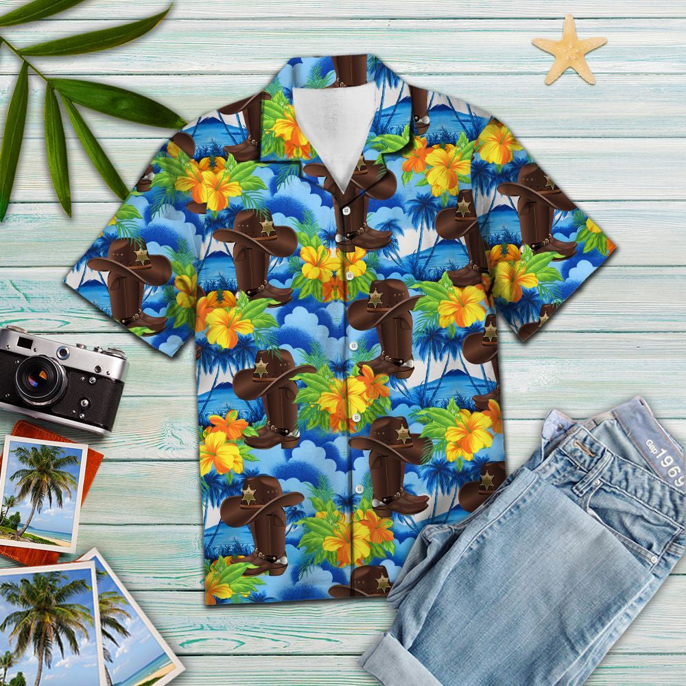 Cowboy Boots And Hat In Tropical Forest Hawaiian Shirt, Hawaiian Shirt Gift, Christmas Gift