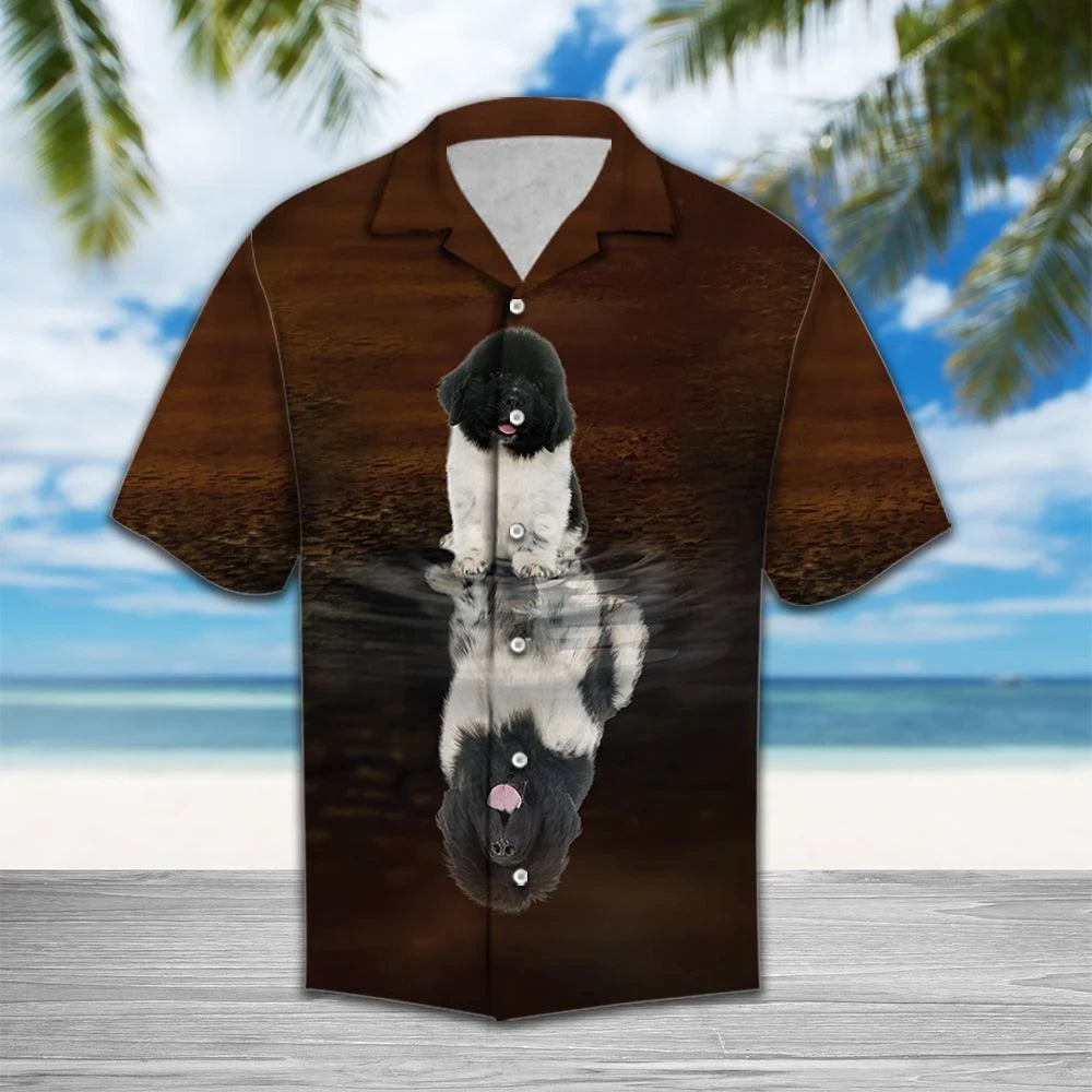 Cute Newfoundland Dog Reflection Themed Hawaiian Shirt,Hawaiian Shirt Gift, Christmas Gift