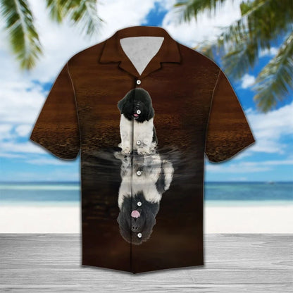 Cute Newfoundland Dog Reflection Themed Hawaiian Shirt,Hawaiian Shirt Gift, Christmas Gift