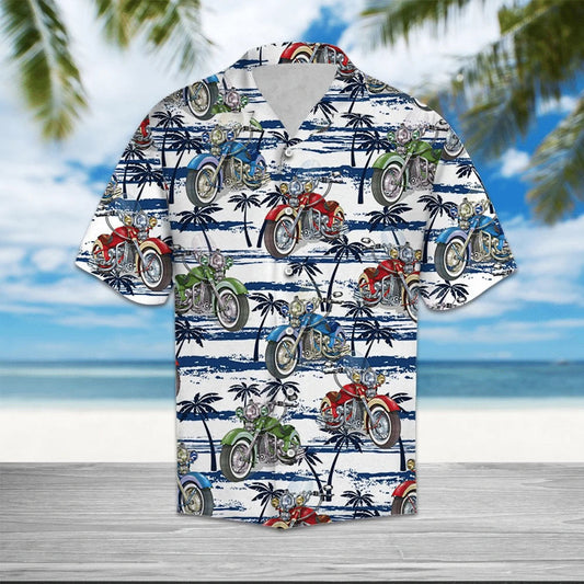Motorbike Palm Tree Blue Pattern White Theme Hawaiian Shirt, Hawaiian Shirt Gift, Christmas Gift