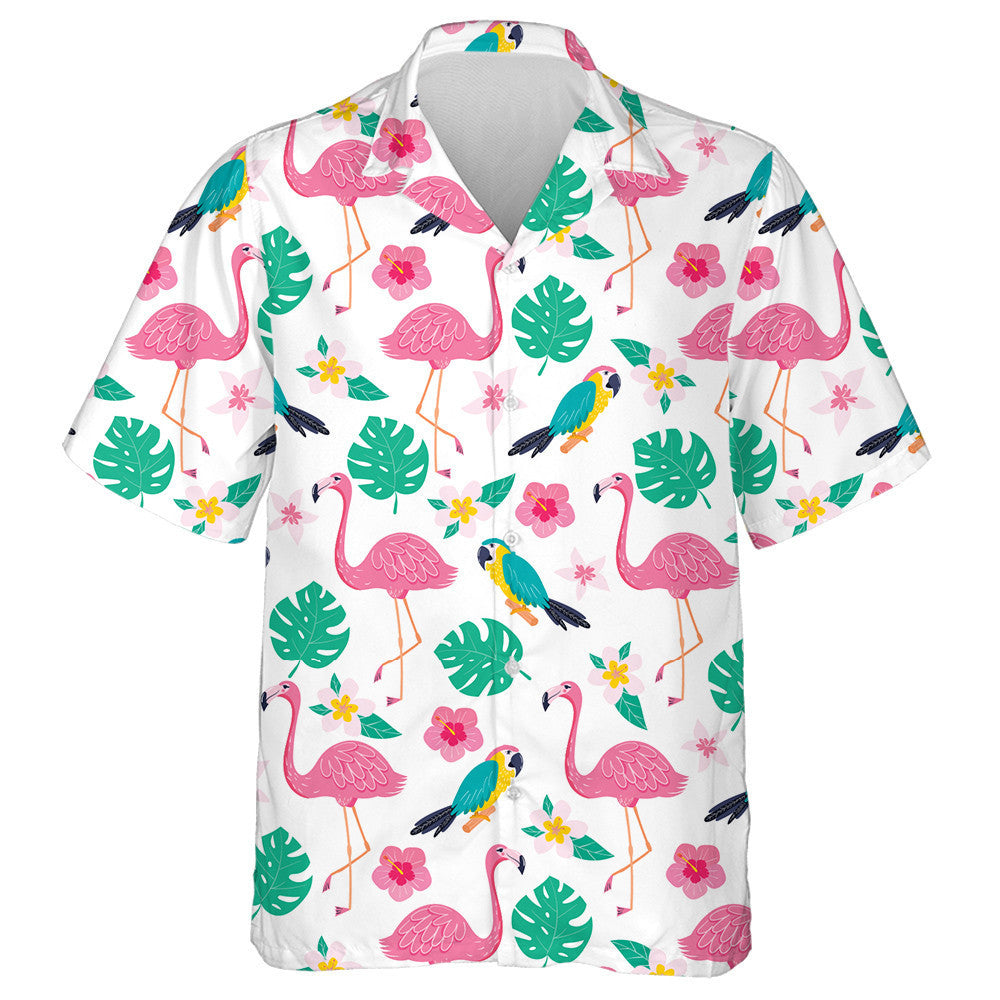 Exotic Leaves Flowers Flamingo And Parrot Hawaiian Shirt,Hawaiian Shirt Gift, Christmas Gift