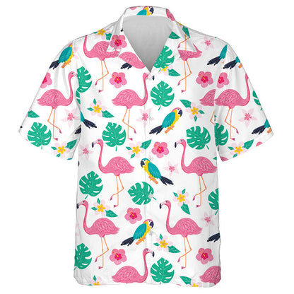 Exotic Leaves Flowers Flamingo And Parrot Hawaiian Shirt,Hawaiian Shirt Gift, Christmas Gift