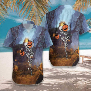 Skeleton Go Out For Halloween Night Background Hawaiian Shirt, Hawaiian Shirt Gift, Christmas Gift