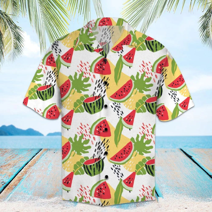 Juicy Watermelon Slices Green Leaves Hawaiian Shirt, Hawaiian For Gift