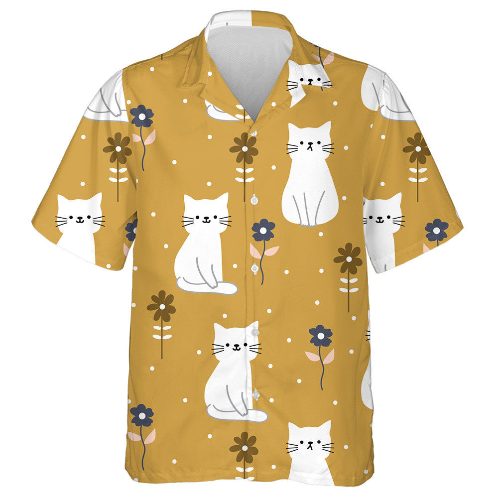 Cute Cartoon Cats And Flower On Brown Hawaiian Shirt, Hawaiian Shirt Gift, Christmas Gift