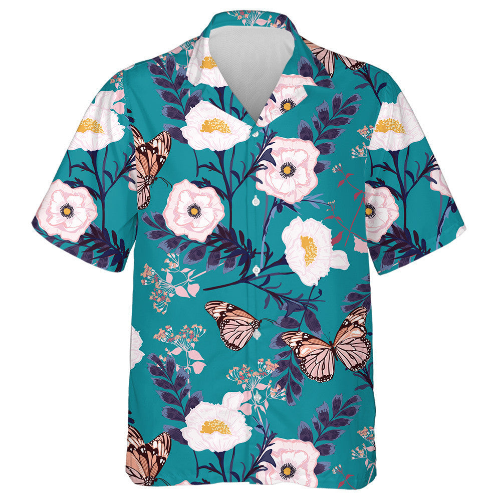 Blooming White Flowers With Butterfly Botanical Garden Hawaiian Shirt, Hawaiian Shirt Gift, Christmas Gift