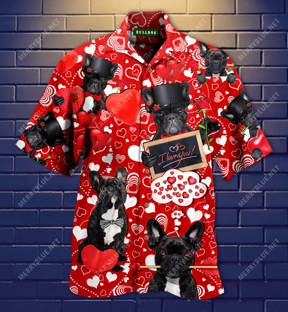 Lá Fhéile Vailintín Shona Bulldog Léine Aloha Haváís Shorts Haváís Gearr Muinchille Trá, Bronntanas Léine Haváís, Bronntanas Nollag