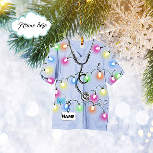 Custom Nurse Scrub Uniform With Christmas Light Flat 2D Ornament, Sport Gifts, Christmas Gift, Christmas Decoration