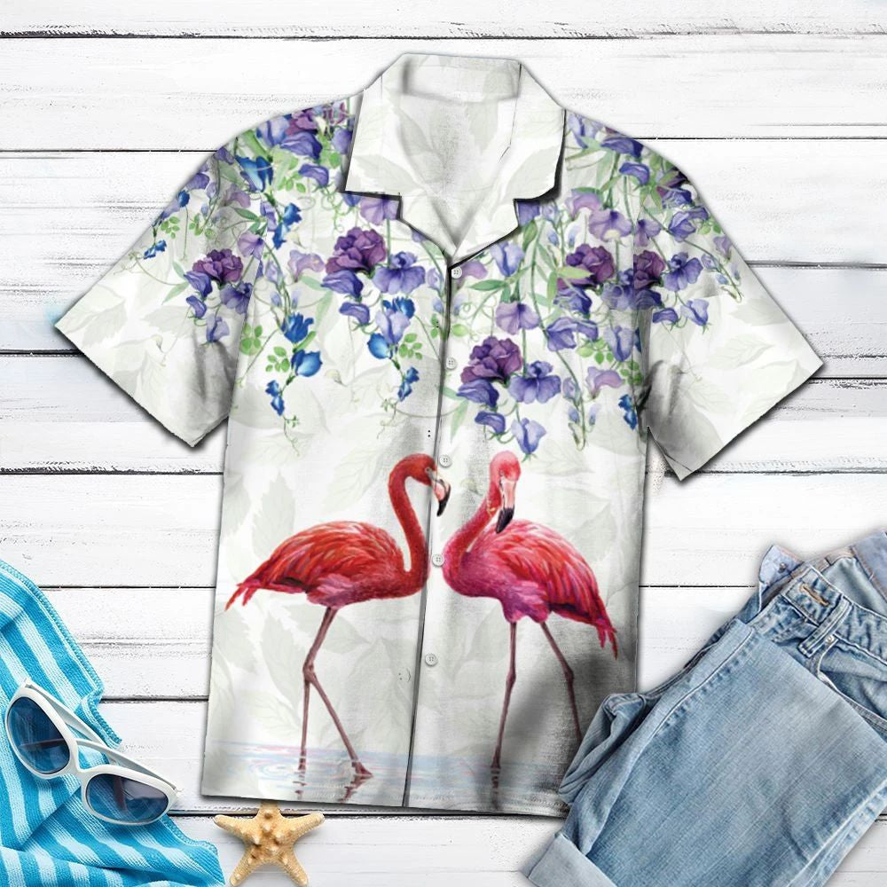 Flamingo Couple Love Flower Garden Pattern Hawaiian Shirt, Hawaiian Shirt Gift, Christmas Gift