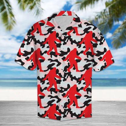 Red Bigfoot On Camouflage Military Design Themed Hawaiian Shirt, Hawaiian Shirt Gift, Christmas Gift