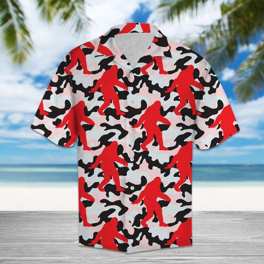 Red Bigfoot On Camouflage Military Design Themed Hawaiian Shirt, Hawaiian Shirt Gift, Christmas Gift