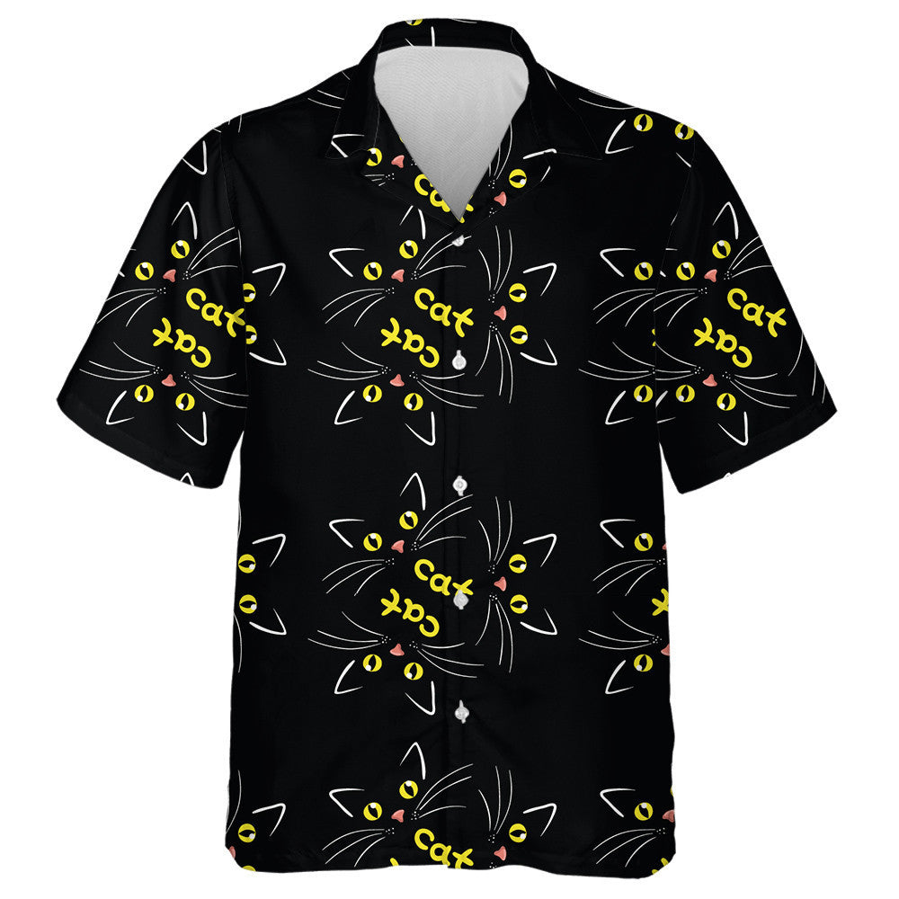 Cat Face On Black With Yellow Eyes Hawaiian Shirt, Hawaiian Shirt Gift, Christmas Gift