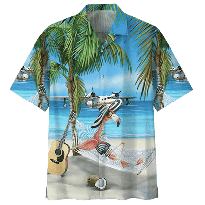 Beach And Flamingo Ornamental Design Hawaiian Shirt, Hawaiian For Gift