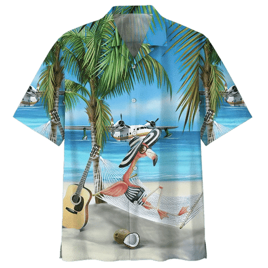 Beach And Flamingo Ornamental Design Hawaiian Shirt, Hawaiian For Gift