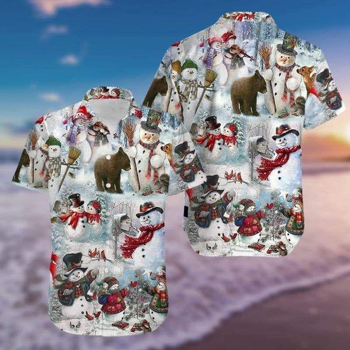 Cute Snowman And Bear Merry Christmas Vintage Style Design Hawaiian Shirt, Hawaiian Shirt Gift, Christmas Gift