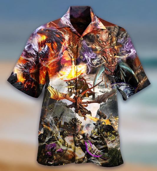 Dragon with Warrior Fight Hawaiian Shirt_Hawaiian Shirt Gift, Christmas Gift