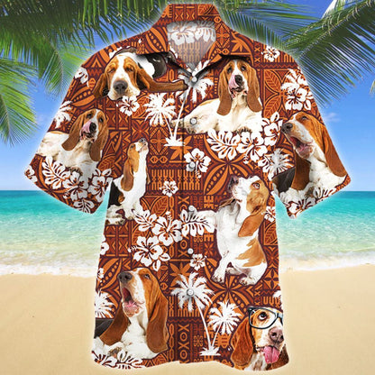 Dearadh Meallacach Basset Madra Cún Patrún Dearg Treibhe Léine Haváís, Bronntanas Léine Haváís, Bronntanas Nollag