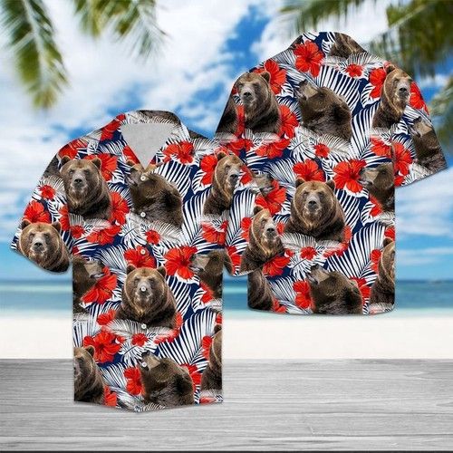 Bear Hibiscus Flower Hawaiian Shirt Summer,Hawaiian Shirt Gift, Christmas Gift