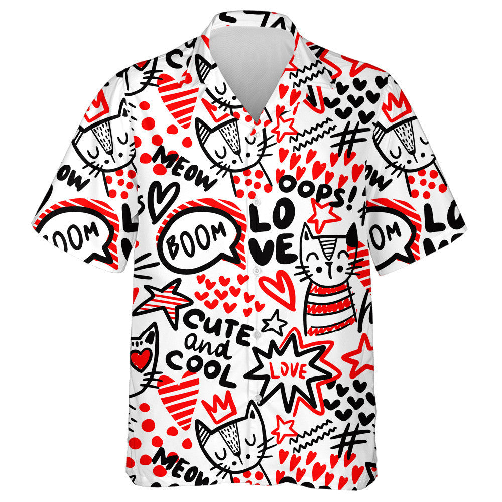 Black And White Cats Hearts And Dots Hawaiian Shirt, Hawaiian Shirt Gift, Christmas Gift