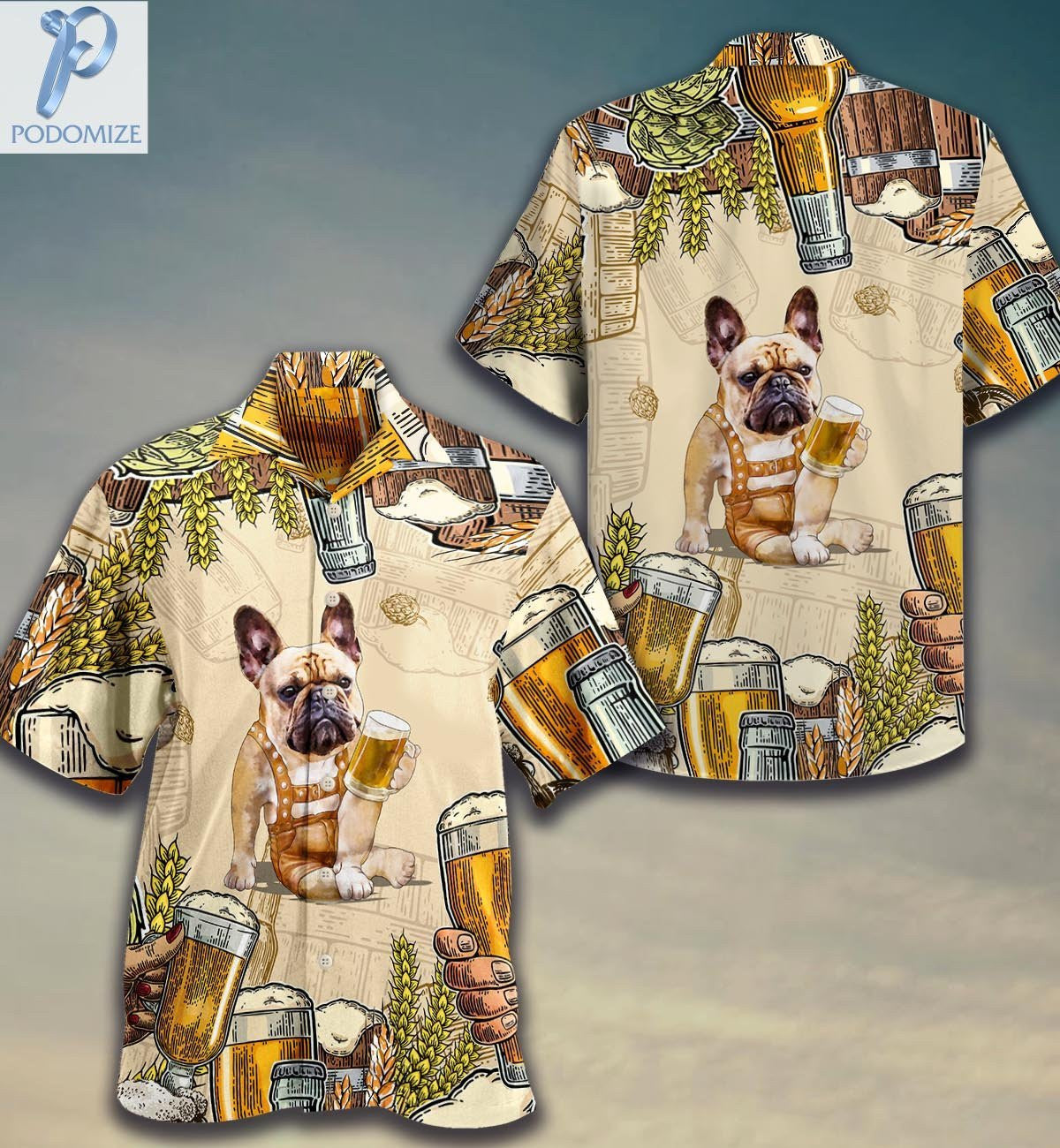 Frenchie Dog Drinking Beer Lover Pattern Hawaiian Shirt,Hawaiian Shirt Gift, Christmas Gift