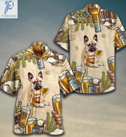 Frenchie Dog Drinking Beer Lover Pattern Hawaiian Shirt,Hawaiian Shirt Gift, Christmas Gift