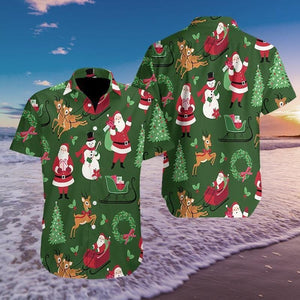 Merry Christmas Santa Snowman Reindeer Pattern Vintage Style Design Hawaiian Shirt, Hawaiian Shirt Gift, Christmas Gift