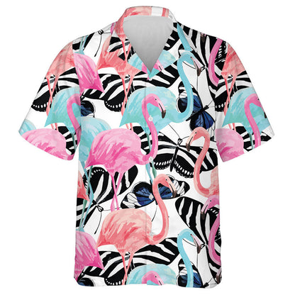 Watercolor Cute Flamingo On Butterfly Background Hawaiian Shirt, Hwaiian For Gift