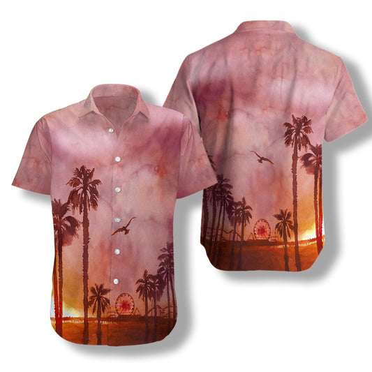 Sunset Santa Monica Pier Canvas Design Hawaiian Shirt,Hawaiian Shirt Gift, Christmas Gift