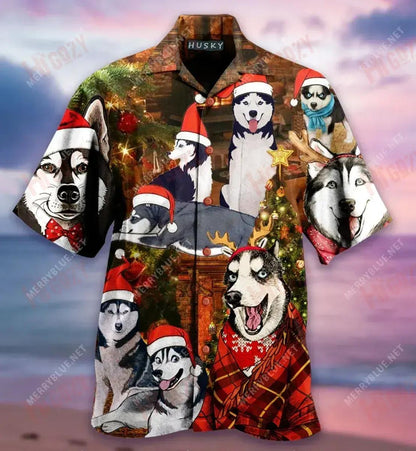 Christmas With Husky Short Hawaiian Shirt Vacation Tropical Shirts Vintage Hawaiian Shirts Crazy Shirts Hawaii_Hawaiian Shirt Gift, Christmas Gift