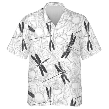 Water Lilies And Dragonflies Vintage Style Hawaiian Shirt, Hwaiian For Gift