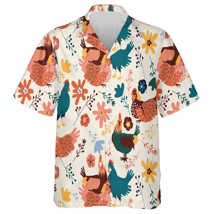 Chicken Hen And Colorful Tropical Flowers Hawaiian Shirt, Hawaiian For Gift