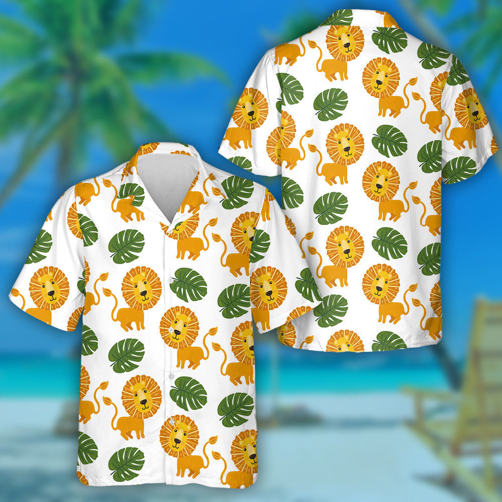 Cute Childish Naive Lion With Monstera Leaves Hawaiian Shirt, Hawaiian Shirt Gift, Christmas Gift