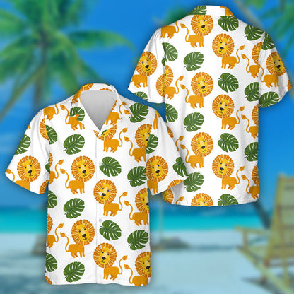 Cute Childish Naive Lion With Monstera Leaves Hawaiian Shirt, Hawaiian Shirt Gift, Christmas Gift
